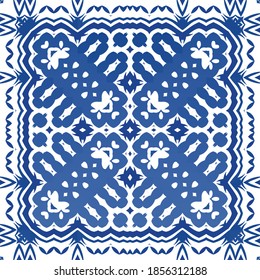 Traditional ornate portuguese azulejo. Vector seamless pattern arabesque. Graphic design. Blue abstract background for web backdrop, print, pillows, surface texture, wallpaper, towels.