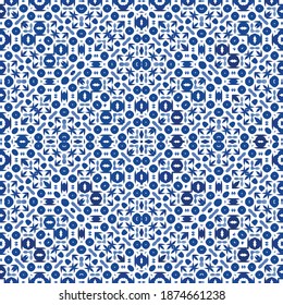 Traditional ornate portuguese azulejo. Vector seamless pattern collage. Kitchen design. Blue abstract background for web backdrop, print, pillows, surface texture, wallpaper, towels.