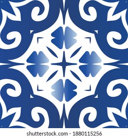 Traditional ornate portuguese azulejo. Vector seamless pattern collage. Hand drawn design. Blue abstract background for web backdrop, print, pillows, surface texture, wallpaper, towels.