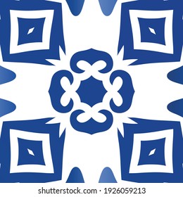 Traditional ornate portuguese azulejo. Vector seamless pattern template. Fashionable design. Blue abstract background for web backdrop, print, pillows, surface texture, wallpaper, towels.