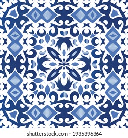 Traditional ornate portuguese azulejo. Vector seamless pattern texture. Stylish design. Blue abstract background for web backdrop, print, pillows, surface texture, wallpaper, towels.