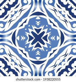 Traditional ornate portuguese azulejo. Vector seamless pattern watercolor. Minimal design. Blue abstract background for web backdrop, print, pillows, surface texture, wallpaper, towels.