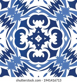 Traditional ornate portuguese azulejo. Vector seamless pattern frame. Stylish design. Blue abstract background for web backdrop, print, pillows, surface texture, wallpaper, towels.