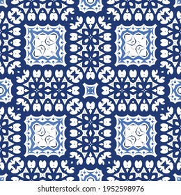 Traditional ornate portuguese azulejo. Vector seamless pattern watercolor. Original design. Blue abstract background for web backdrop, print, pillows, surface texture, wallpaper, towels.