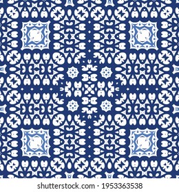 Traditional ornate portuguese azulejo. Vector seamless pattern watercolor. Original design. Blue abstract background for web backdrop, print, pillows, surface texture, wallpaper, towels.