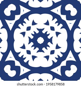 Traditional ornate portuguese azulejo. Vector seamless pattern watercolor. Original design. Blue abstract background for web backdrop, print, pillows, surface texture, wallpaper, towels.