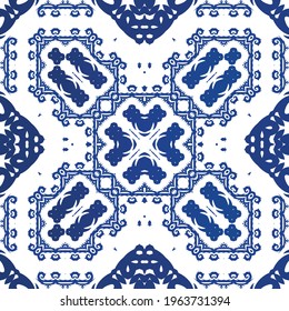 Traditional ornate portuguese azulejo. Vector seamless pattern template. Fashionable design. Blue abstract background for web backdrop, print, pillows, surface texture, wallpaper, towels.