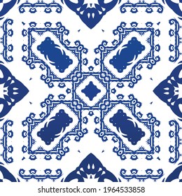 Traditional ornate portuguese azulejo. Vector seamless pattern template. Fashionable design. Blue abstract background for web backdrop, print, pillows, surface texture, wallpaper, towels.