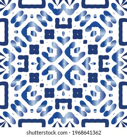 Traditional ornate portuguese azulejo. Vector seamless pattern illustration. Stylish design. Blue abstract background for web backdrop, print, pillows, surface texture, wallpaper, towels.
