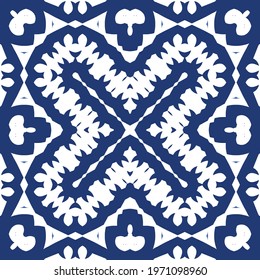 Traditional ornate portuguese azulejo. Vector seamless pattern watercolor. Original design. Blue abstract background for web backdrop, print, pillows, surface texture, wallpaper, towels.