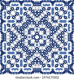 Traditional ornate portuguese azulejo. Vector seamless pattern collage. Bathroom design. Blue abstract background for web backdrop, print, pillows, surface texture, wallpaper, towels.