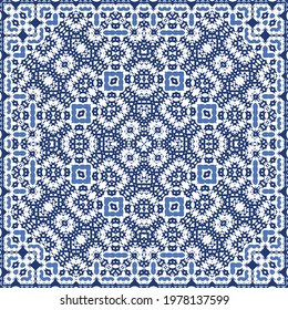 Traditional ornate portuguese azulejo. Vector seamless pattern collage. Bathroom design. Blue abstract background for web backdrop, print, pillows, surface texture, wallpaper, towels.