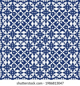 Traditional ornate portuguese azulejo. Vector seamless pattern watercolor. Original design. Blue abstract background for web backdrop, print, pillows, surface texture, wallpaper, towels.