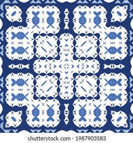 Traditional ornate portuguese azulejo. Vector seamless pattern collage. Bathroom design. Blue abstract background for web backdrop, print, pillows, surface texture, wallpaper, towels.