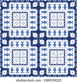 Traditional ornate portuguese azulejo. Vector seamless pattern collage. Bathroom design. Blue abstract background for web backdrop, print, pillows, surface texture, wallpaper, towels.