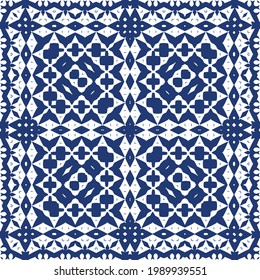 Traditional ornate portuguese azulejo. Vector seamless pattern watercolor. Original design. Blue abstract background for web backdrop, print, pillows, surface texture, wallpaper, towels.