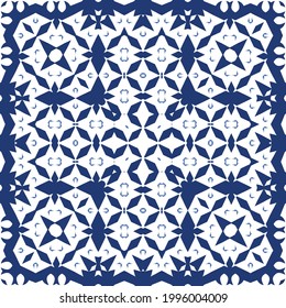 Traditional ornate portuguese azulejo. Vector seamless pattern watercolor. Original design. Blue abstract background for web backdrop, print, pillows, surface texture, wallpaper, towels.