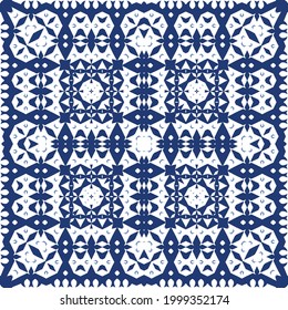 Traditional ornate portuguese azulejo. Vector seamless pattern watercolor. Original design. Blue abstract background for web backdrop, print, pillows, surface texture, wallpaper, towels.