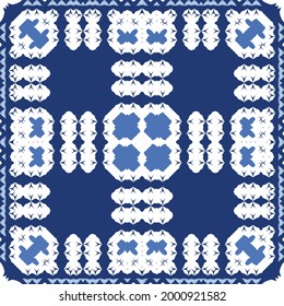 Traditional ornate portuguese azulejo. Vector seamless pattern collage. Bathroom design. Blue abstract background for web backdrop, print, pillows, surface texture, wallpaper, towels.