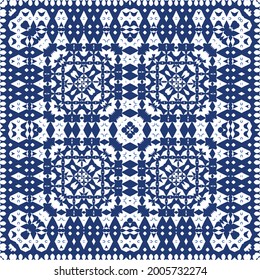 Traditional ornate portuguese azulejo. Vector seamless pattern watercolor. Original design. Blue abstract background for web backdrop, print, pillows, surface texture, wallpaper, towels.