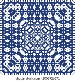 Traditional ornate portuguese azulejo. Vector seamless pattern watercolor. Original design. Blue abstract background for web backdrop, print, pillows, surface texture, wallpaper, towels.