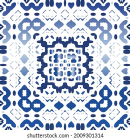 Traditional ornate portuguese azulejo. Vector seamless pattern illustration. Stylish design. Blue abstract background for web backdrop, print, pillows, surface texture, wallpaper, towels.