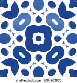 Traditional ornate portuguese azulejo. Vector seamless pattern frame. Hand drawn design. Blue abstract background for web backdrop, print, pillows, surface texture, wallpaper, towels.