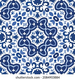 Traditional ornate portuguese azulejo. Vector seamless pattern frame. Modern design. Blue abstract background for web backdrop, print, pillows, surface texture, wallpaper, towels.