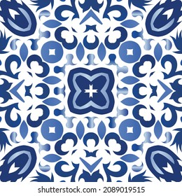 Traditional ornate portuguese azulejo. Vector seamless pattern frame. Modern design. Blue abstract background for web backdrop, print, pillows, surface texture, wallpaper, towels.