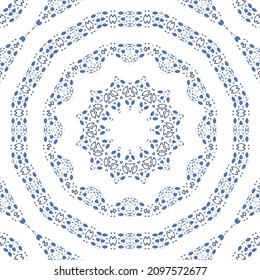 Traditional ornate portuguese azulejo. Vector seamless pattern flyer. Bathroom design. Blue abstract background for web backdrop, print, pillows, surface texture, wallpaper, towels.