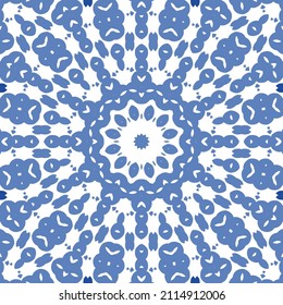 Traditional ornate portuguese azulejo. Vector seamless pattern elements. Hand drawn design. Blue abstract background for web backdrop, print, pillows, surface texture, wallpaper, towels.