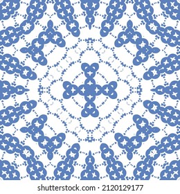 Traditional ornate portuguese azulejo. Vector seamless pattern elements. Hand drawn design. Blue abstract background for web backdrop, print, pillows, surface texture, wallpaper, towels.