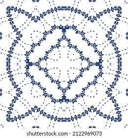 Traditional ornate portuguese azulejo. Vector seamless pattern flyer. Bathroom design. Blue abstract background for web backdrop, print, pillows, surface texture, wallpaper, towels.