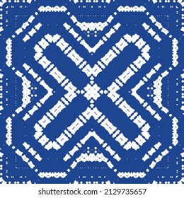 Traditional ornate portuguese azulejo. Vector seamless pattern frame. Colored design. Blue abstract background for web backdrop, print, pillows, surface texture, wallpaper, towels.