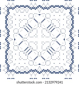 Traditional ornate portuguese azulejo. Vector seamless pattern flyer. Bathroom design. Blue abstract background for web backdrop, print, pillows, surface texture, wallpaper, towels.