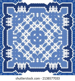 Traditional ornate portuguese azulejo. Vector seamless pattern flyer. Bathroom design. Blue abstract background for web backdrop, print, pillows, surface texture, wallpaper, towels.