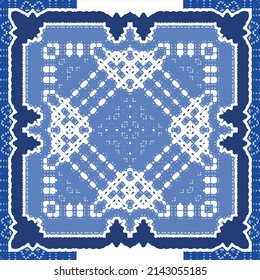 Traditional ornate portuguese azulejo. Vector seamless pattern flyer. Bathroom design. Blue abstract background for web backdrop, print, pillows, surface texture, wallpaper, towels.