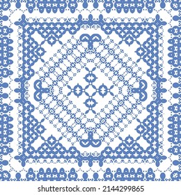 Traditional ornate portuguese azulejo. Vector seamless pattern elements. Hand drawn design. Blue abstract background for web backdrop, print, pillows, surface texture, wallpaper, towels.