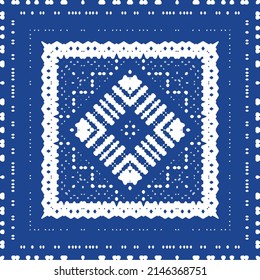 Traditional ornate portuguese azulejo. Vector seamless pattern frame. Colored design. Blue abstract background for web backdrop, print, pillows, surface texture, wallpaper, towels.