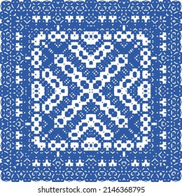 Traditional ornate portuguese azulejo. Vector seamless pattern elements. Hand drawn design. Blue abstract background for web backdrop, print, pillows, surface texture, wallpaper, towels.