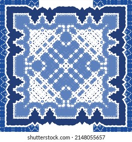 Traditional ornate portuguese azulejo. Vector seamless pattern flyer. Bathroom design. Blue abstract background for web backdrop, print, pillows, surface texture, wallpaper, towels.