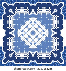 Traditional ornate portuguese azulejo. Vector seamless pattern flyer. Bathroom design. Blue abstract background for web backdrop, print, pillows, surface texture, wallpaper, towels.