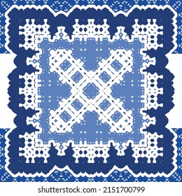 Traditional ornate portuguese azulejo. Vector seamless pattern flyer. Bathroom design. Blue abstract background for web backdrop, print, pillows, surface texture, wallpaper, towels.