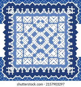 Traditional ornate portuguese azulejo. Vector seamless pattern flyer. Bathroom design. Blue abstract background for web backdrop, print, pillows, surface texture, wallpaper, towels.