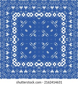 Traditional ornate portuguese azulejo. Vector seamless pattern elements. Hand drawn design. Blue abstract background for web backdrop, print, pillows, surface texture, wallpaper, towels.