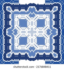 Traditional ornate portuguese azulejo. Vector seamless pattern flyer. Bathroom design. Blue abstract background for web backdrop, print, pillows, surface texture, wallpaper, towels.