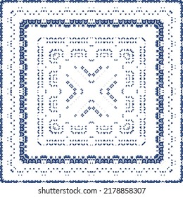 Traditional ornate portuguese azulejo. Vector seamless pattern flyer. Bathroom design. Blue abstract background for web backdrop, print, pillows, surface texture, wallpaper, towels.