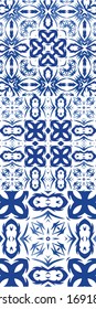 Traditional ornate portuguese azulejos. Collection of vector seamless patterns. Fashionable design. Blue abstract backgrounds for web backdrop, print, pillows, surface texture, wallpaper, towels.