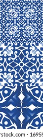 Traditional ornate portuguese azulejos. Collection of vector seamless patterns. Colored design. Blue abstract backgrounds for web backdrop, print, pillows, surface texture, wallpaper, towels.