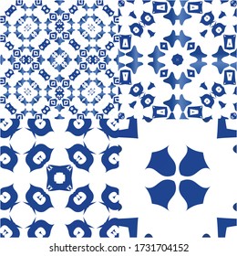 Traditional ornate portuguese azulejos. Collection of vector seamless patterns. Universal design. Blue abstract backgrounds for web backdrop, print, pillows, surface texture, wallpaper, towels.